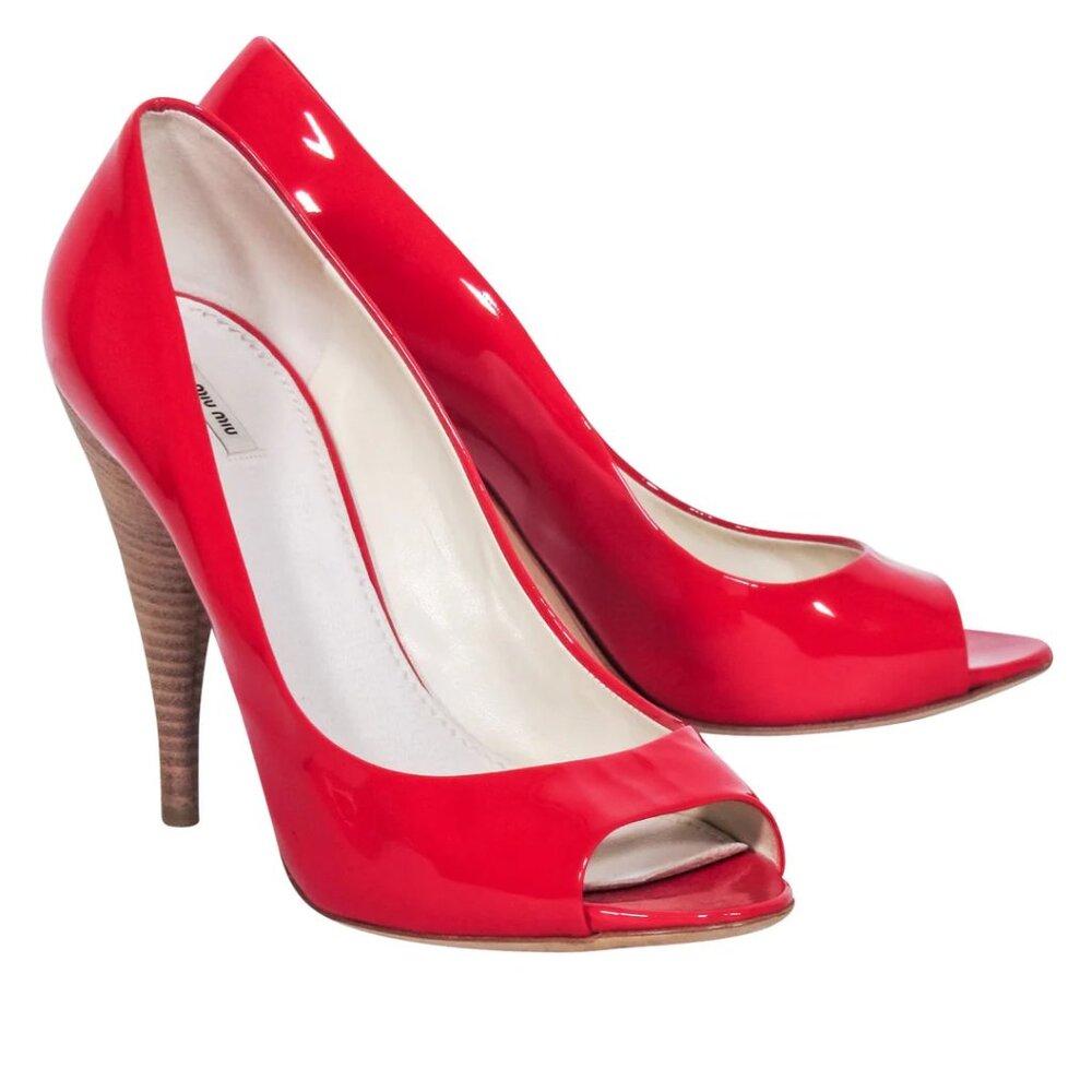 ✨Designer MIU MIU Prada Red Patent Leather Wooden Peep Toe Pumps Heels 8.5 /39IT